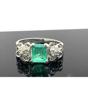 Green Emerald Diamond Cocktail Ring 14k White Gold Women's Estate Size 7.5